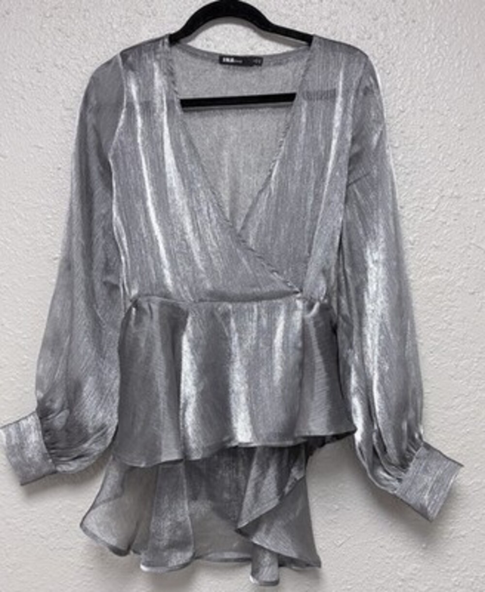 Y2K INA Metallic Silver Wrap Peplum Blouse Disco Shimmer Regencycore Glam S